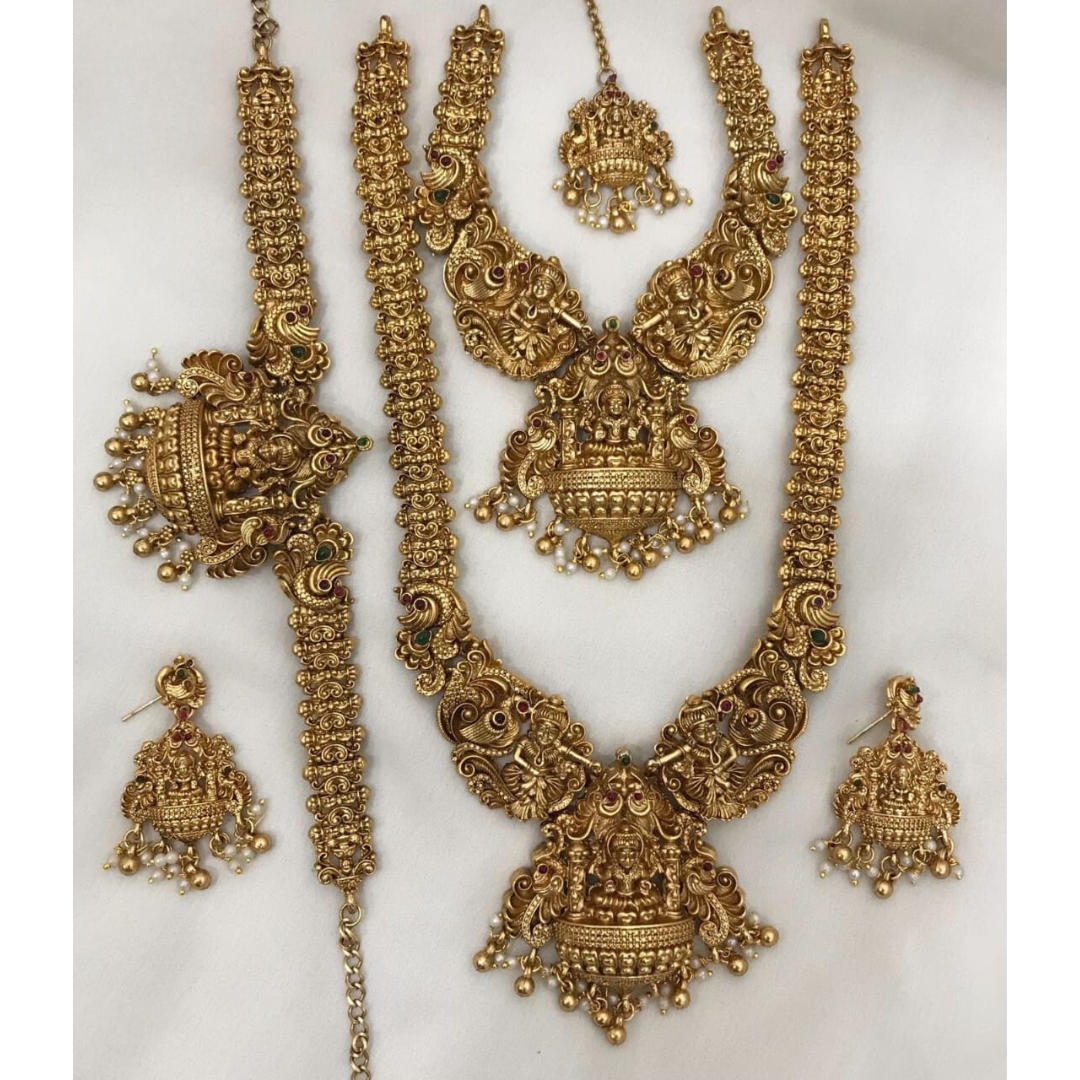 Gold Elegant Temple Bridal Jewellery Set with Earing