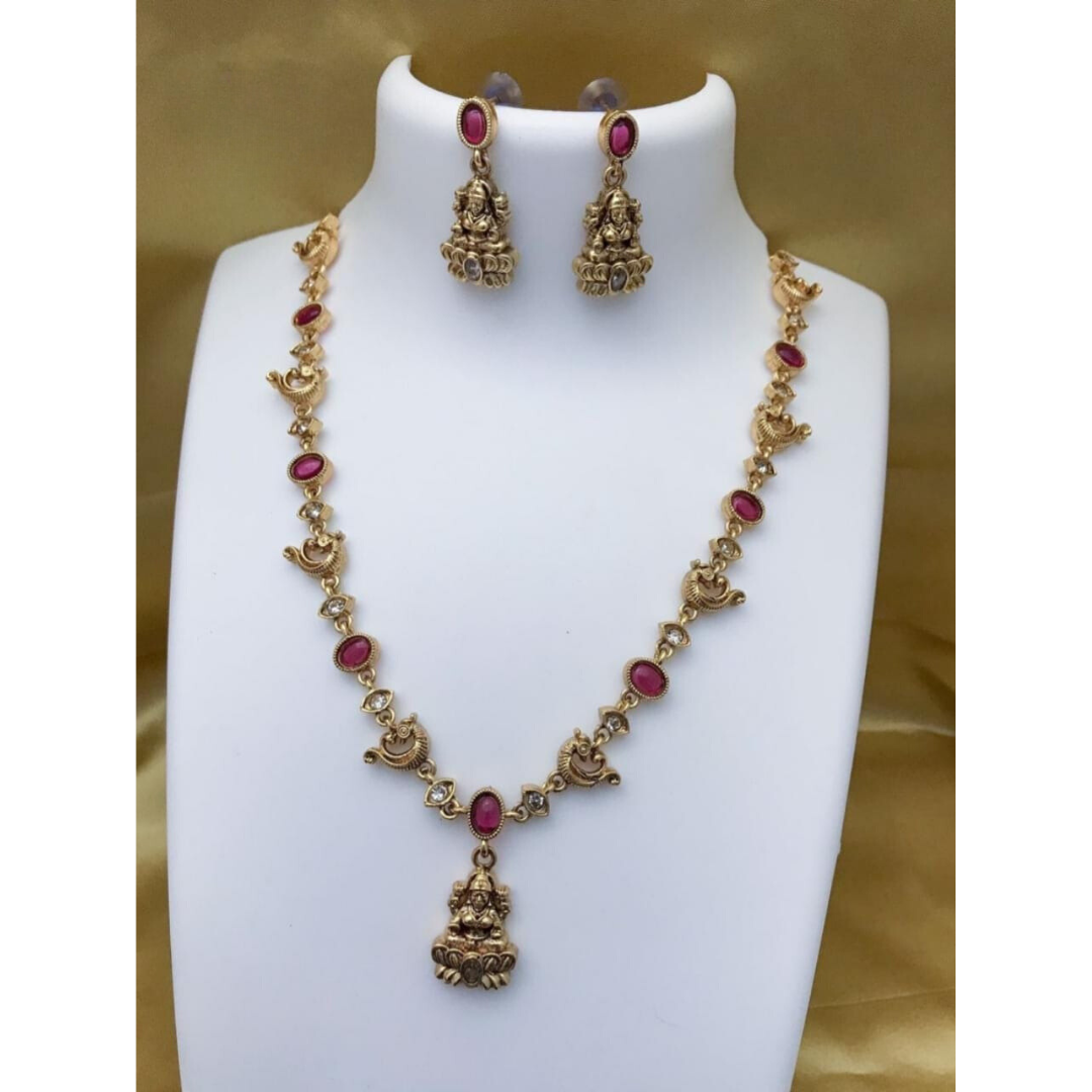 Temple Jewellery Set with Earing in Ruby