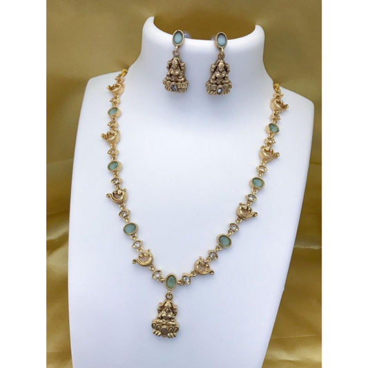 Temple Jewellery Set with Earing in Pastel Blue