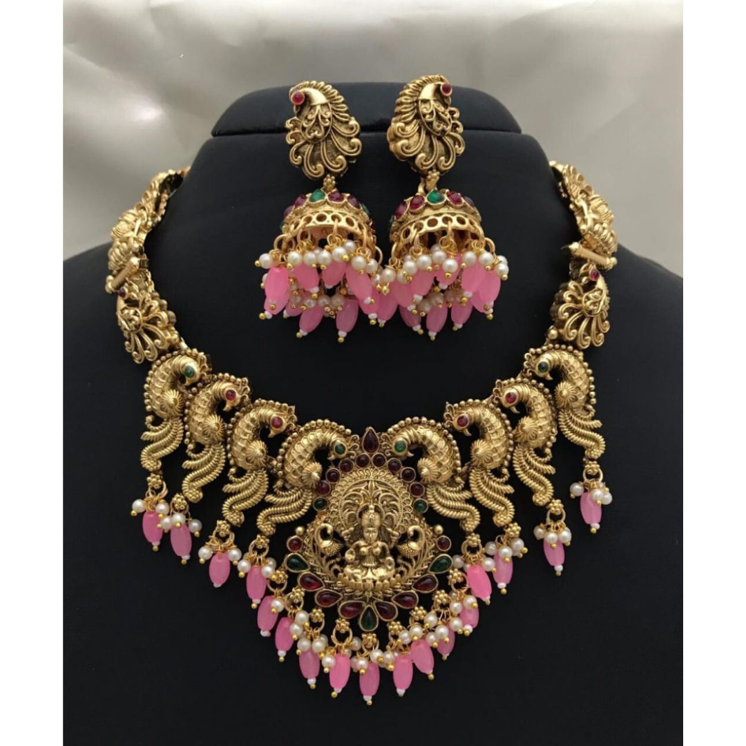 Bridal Temple Jewellery Set with Earing in Pink