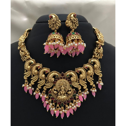 Bridal Temple Jewellery Set with Earing in Pink