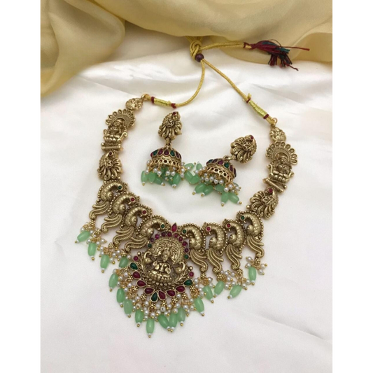 Bridal Temple Jewellery Set with Earing in Pastel Green