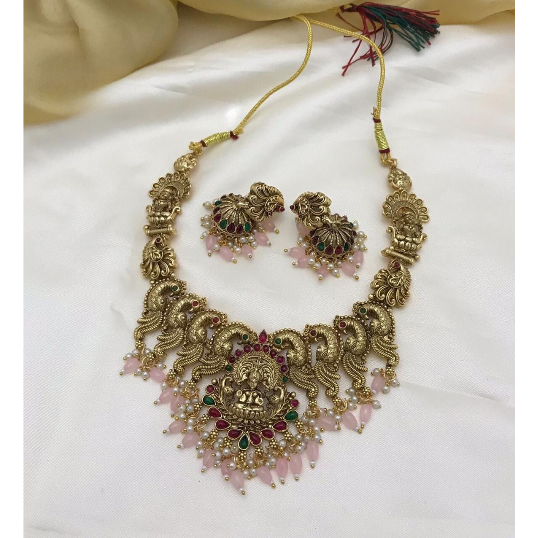 Bridal Temple Jewellery Set with Earing in Pastel Pink