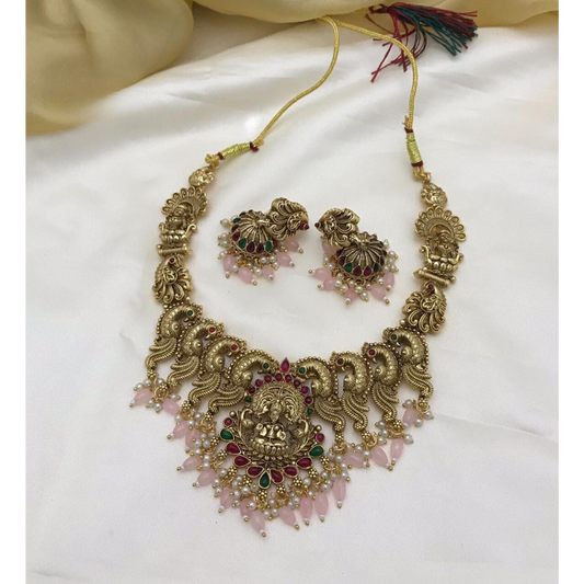 Bridal Temple Jewellery Set with Earing in Pastel Pink