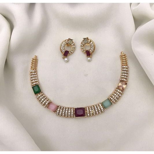 Colourful AD stone Jewellery Set with Earing