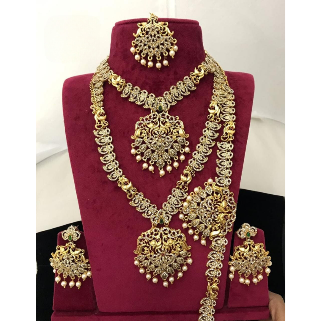 Gold Elegant Temple Bridal Jewellery Set with One Choker, One Long Necklace, Earing, Mangtika & Kamarbandh SNK031