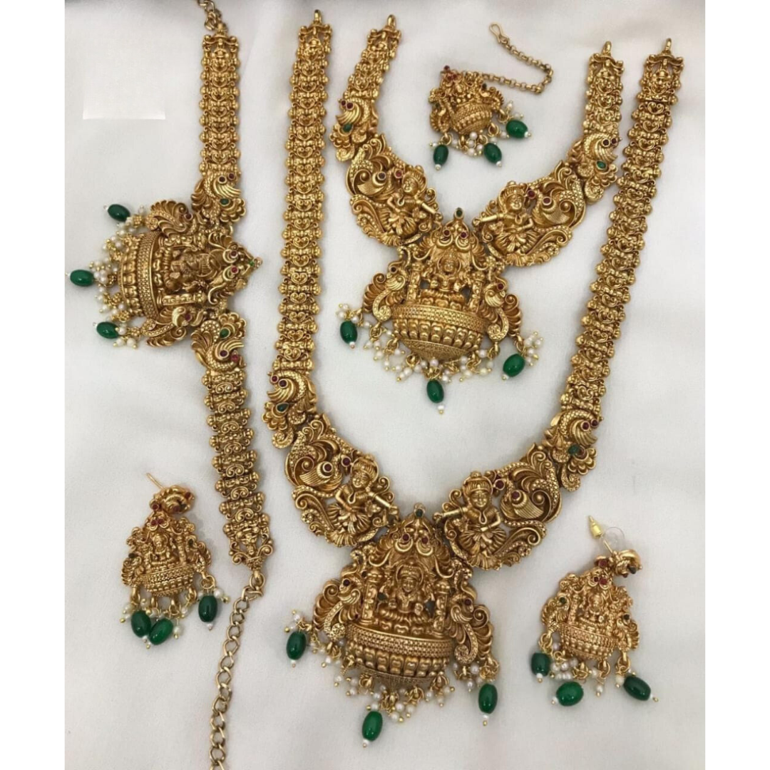 Gold Elegant Temple Bridal Jewellery Set with One Choker, One Long Necklace, Earing, Mangtika & Kamarbandh SNK036