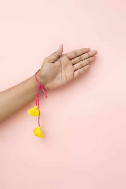 SIS butterfly Bhabhi Yellow Pink Beaded lumba Rakhi