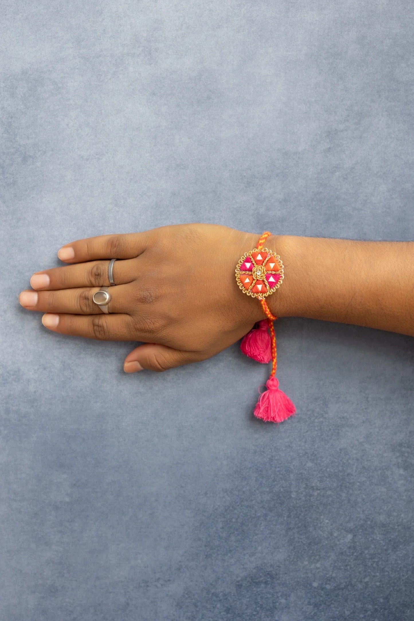 Pink Orange mirror work Beaded Lumba Rakhi pair set