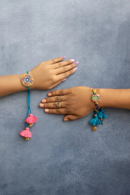 Blue Yellow with yellow cowrie Beaded Lumba Rakhi pair set