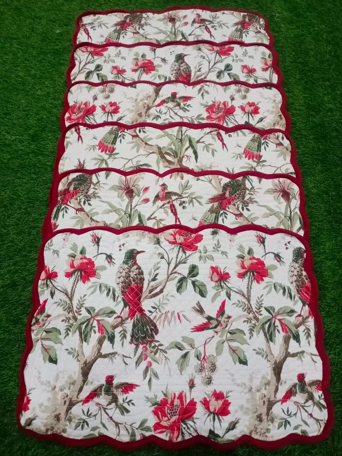 Beautiful Red with Birds Designer Quilted Dinning Table Matts 6 piece set