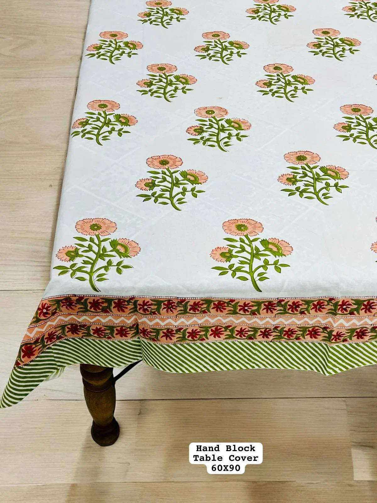 Florance Craft Peach Flower Hand Block Printed Premium Dinning Table Cover For 6 Seater