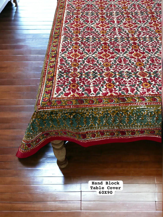 Beautiful Red Colour Hand Block Printed Premium Dinning Table Cover For 6 Seater