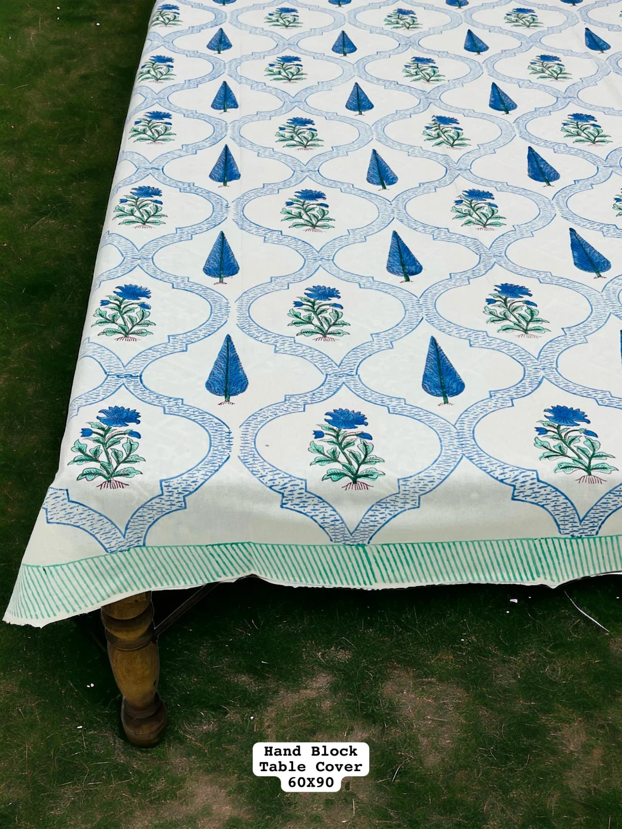 Mughal Print Hand Block Printed Premium Dinning Table Cover For 6 Seater in Blue