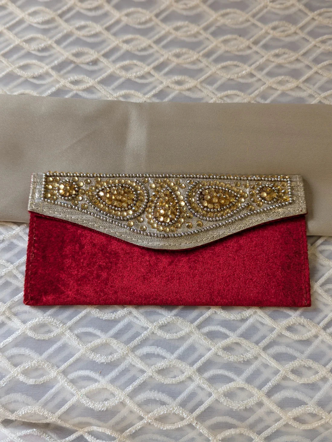 Handcradted Stone Work Red Colour Valvet Envelope