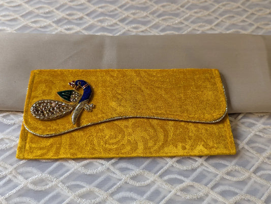 Handcradted Beautiful Peacock Work Yellow Colour Valvet Envelope