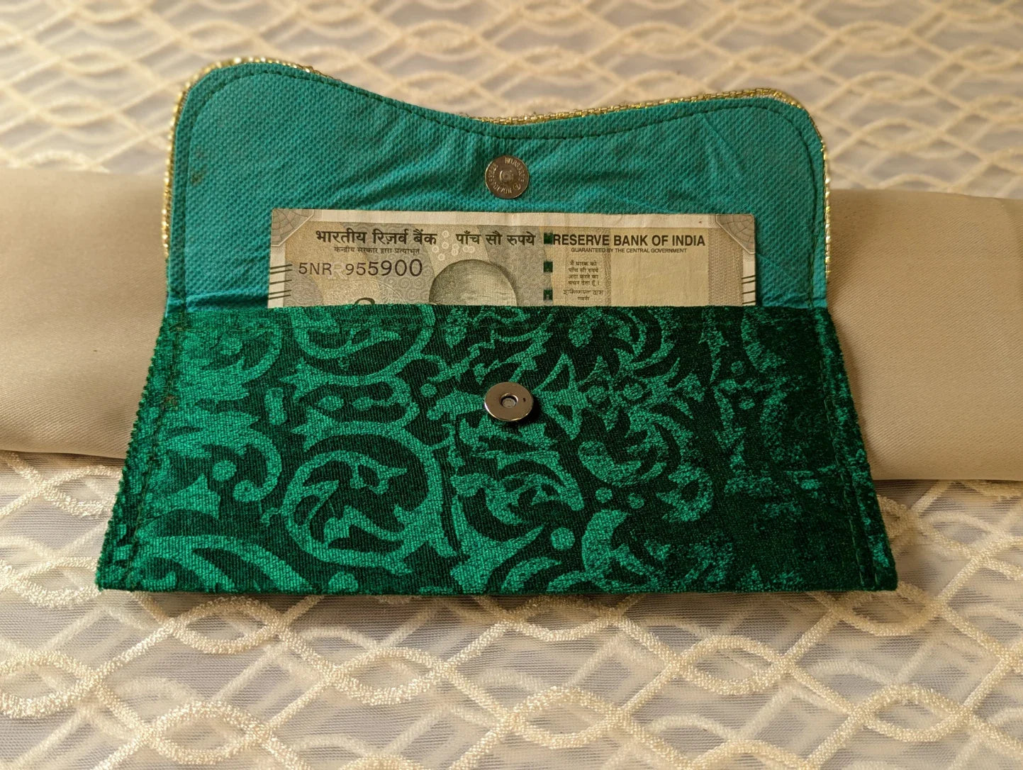 Handcradted Beautiful Peacock Work Green Colour Valvet Envelope