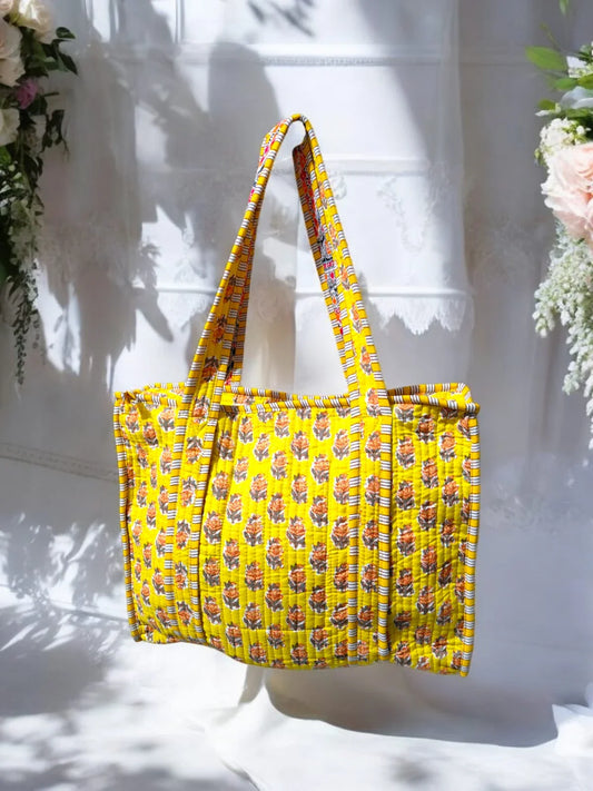 Coral Print Yellow Handmade Quilted Tote Bag