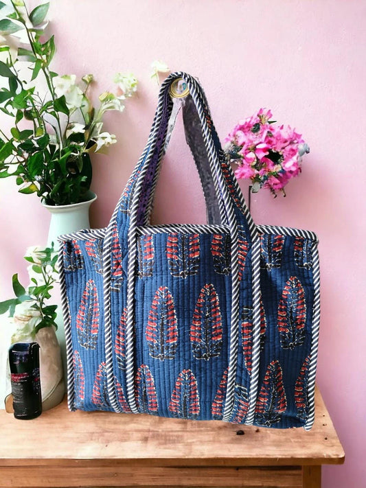 Mughal Print Blue Handmade Quilted Tote Bag