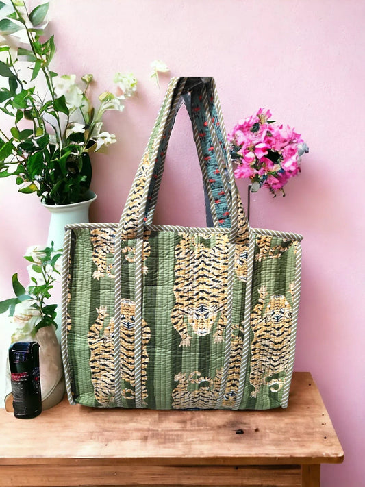 Handmade Quilted Tote Bag in Tiger Print with Green Shade