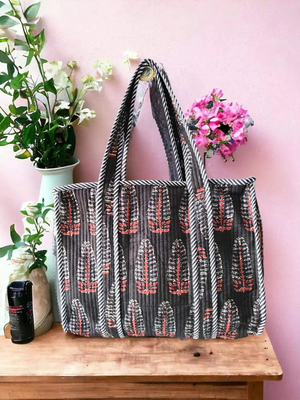 Mughal Print in Black Handmade Quilted Tote Bag