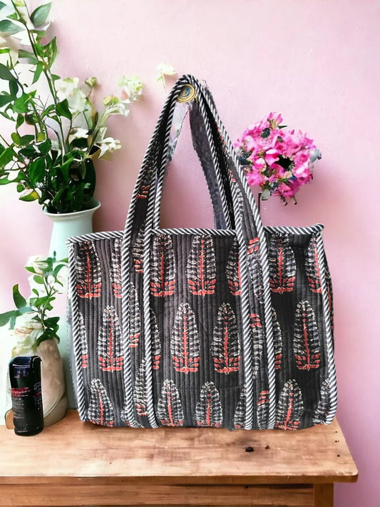 Mughal Print in Black Handmade Quilted Tote Bag