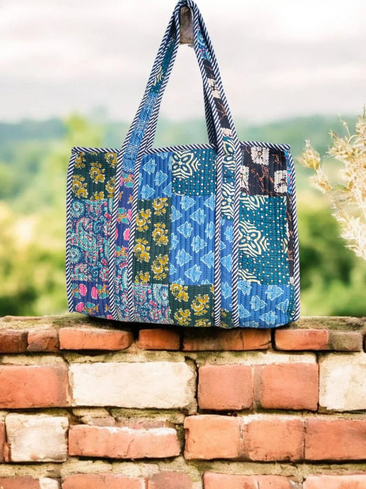 Handmade Ethnic Motif Print Quilted Tote Bag in Blue Shade