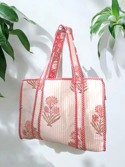 Handmade Quilted Tote Bag in Coral Print