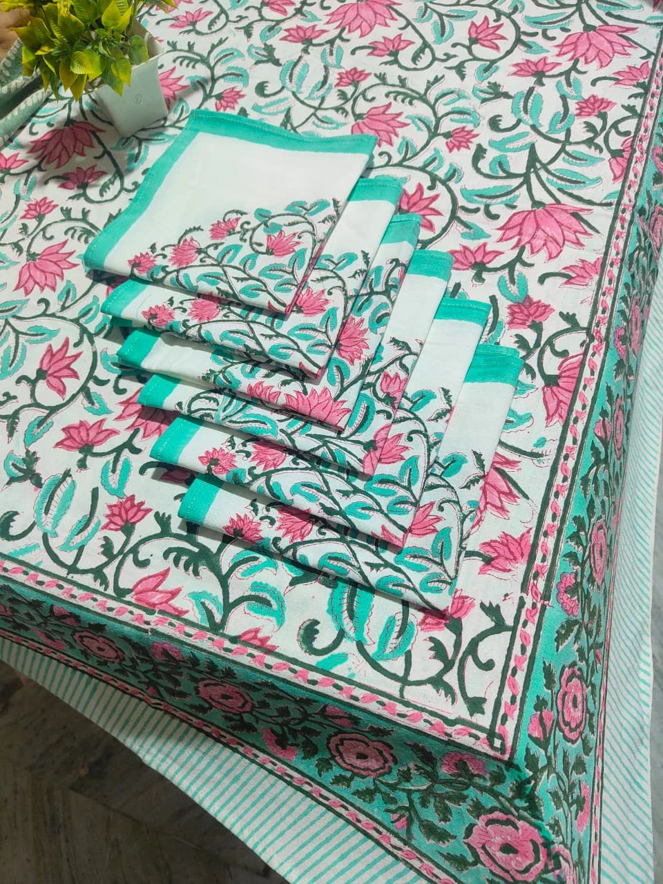 Premium Quality Hand Block Printed Dining Table Cover with 6 napkin in Light Blue & Pink