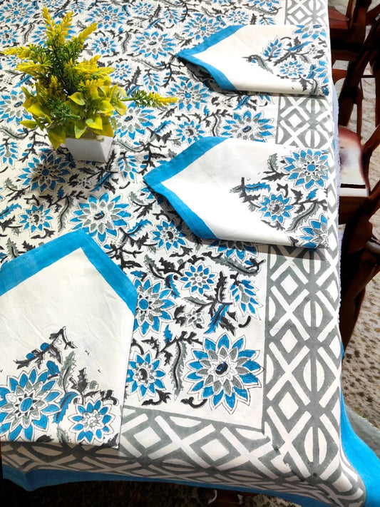 Premium Quality Hand Block Printed Dining Table Cover with 6 napkin In Blue - Grey Shade