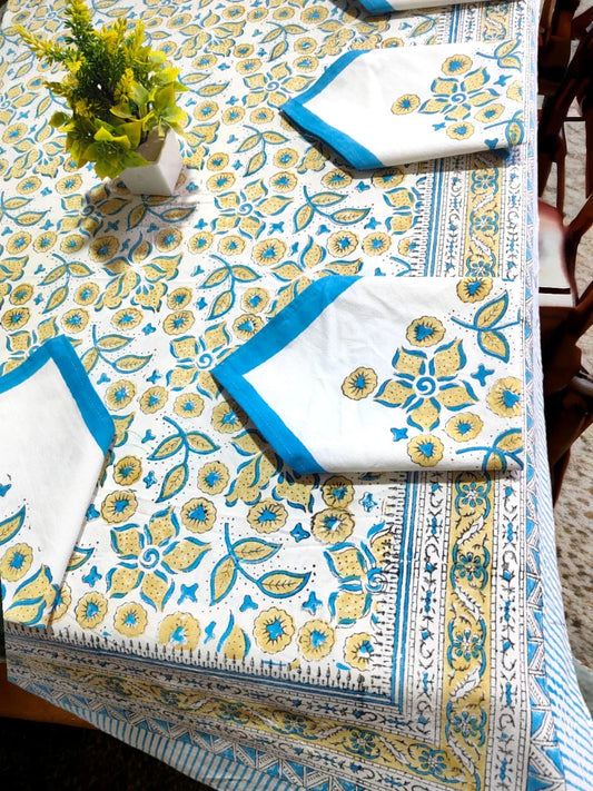 Premium Quality Hand Block Printed Dining Table Cover with 6 napkin In Blue - Yellow Shade