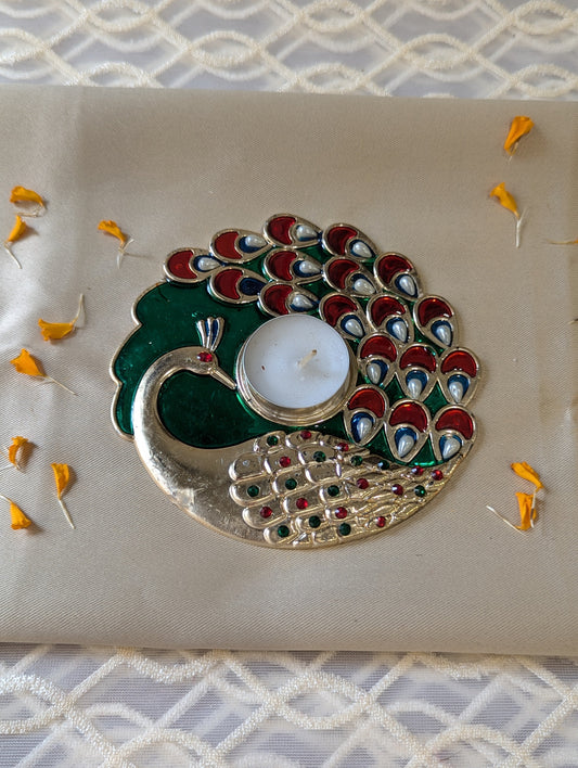 Peacock Tea Light Candle Cum Rangoli in Green